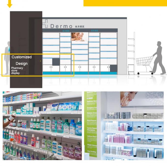 El almacenamiento azul de la farmacia de los estantes de exhibición de