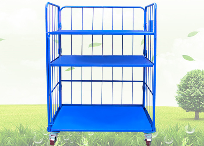 Jaulas azules de Warehouse en las ruedas/las jaulas apilables del almacenamiento con los estantes